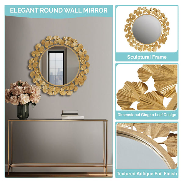 JLA Home Martha Stewart - Gingko Sculptural Leaf Round Wall Mirror 30.5" — Metallic Iron Frame, MDF Backing, Pre-Hung Elegance MT160-0021