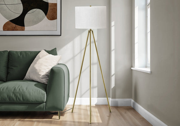 English Elm Lighting, Contemporary Tripod Floor Lamp With Brass Finish & Ivory Drum Shade For Modern Decor B2710P221296