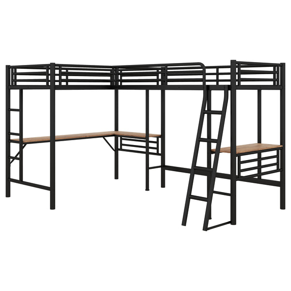 English Elm Twin Metal Loft Bed with Two Built-In Desks, Black — Space-Saving L-Shaped Twin Bunk for Study & Sleep GX001114AAB-1