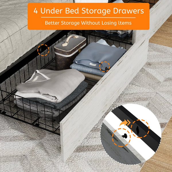 English Elm Queen Size Bed Frame with Upholstered Headboard, LED Lighting & USB Charging, Rivet Trim, No Box Spring Needed Antique White W636P176774