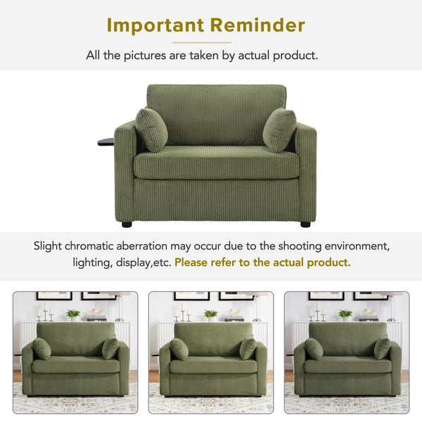 English Elm Twin Convertible Sofa Bed with Foldable Side Table, USB Ports, Storage Pocket & Lumbar Pillows for Small Spaces Green N719S002030F