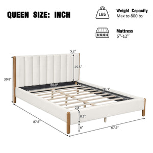 English Elm Christopher Knight Home® - Queen Boucle Upholstered Bed Frame with Thick Vertical Headboard, Solid Rubberwood Legs, White N757Q256985K