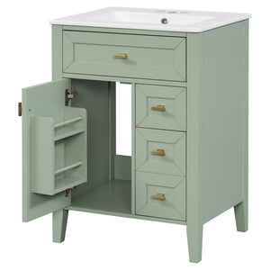 English Elm "24'' 24 Inch Glossy Freestanding Bathroom Vanity with Gold Hardware and Soft Close Storage Green Rubberwood N725P448529F