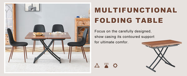 English Elm Table And Chair Set - Modern Adjustable Lift-Top Design, Walnut Mdf With Black Metal Legs & 4 Chairs W1151S03776-GIGA