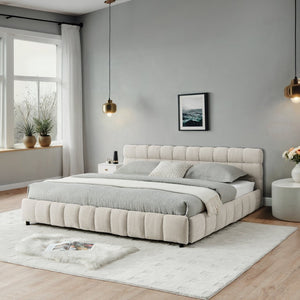 English Elm California King Platform Bed Chenille Upholstered Frame with Storage Drawers Modern Beige W487S00422