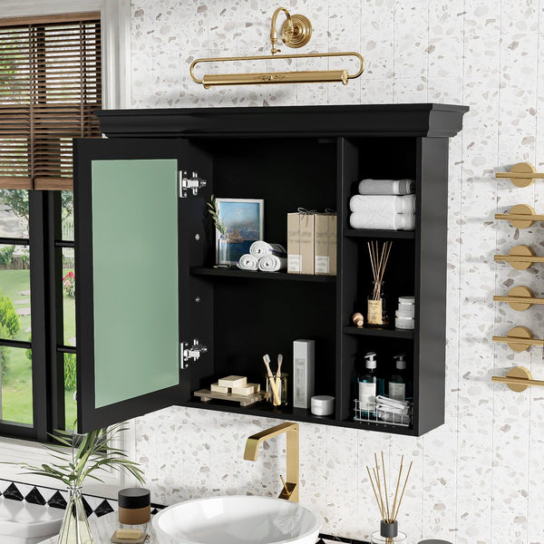 English Elm 35'' 35' 35'' x 28'' Wall Mounted Medicine Cabinet with Mirror Door, Modern MDF Storage with Towel Rod Black N710P196545B