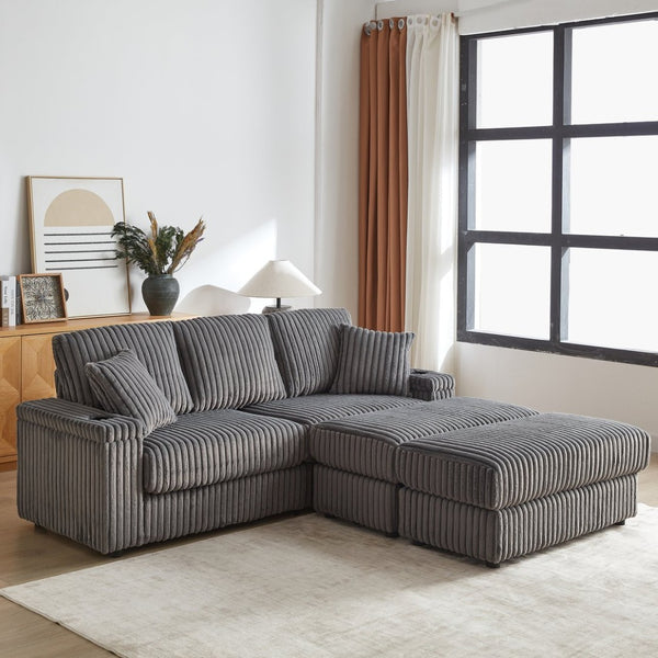 English Elm 84inch Corduroy Deep Seat Three Person Sofa with Storage Ottomans for Living Room Grey W834S00567