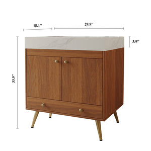 English Elm Mid-century Freestanding Bathroom Vanity with Marble Stone Top Gold Legs Storage W3136S00066