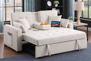 English Elm Corrado Woven Fabric Sleeper Loveseat with Console Cup Holders and Charging Ports Beige B2749S00242