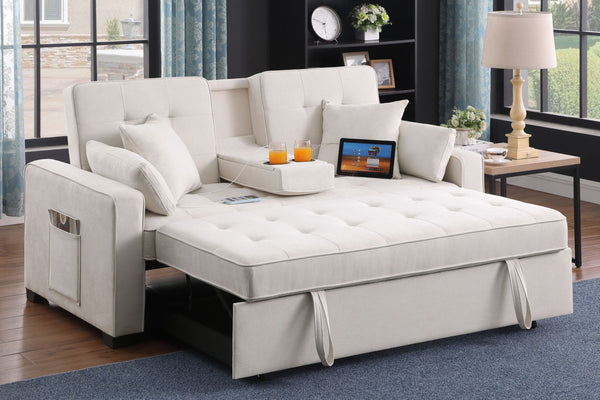 English Elm Corrado Woven Fabric Sleeper Loveseat with Console Cup Holders and Charging Ports Beige B2749S00242