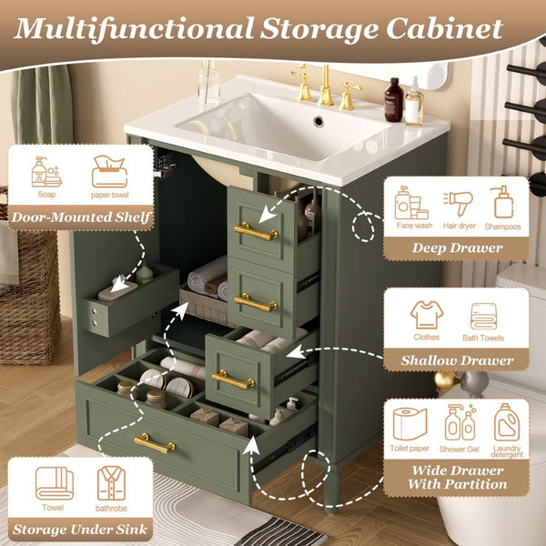 English Elm 24" Olive Bathroom Vanity Solid Wood Frame Ceramic Sink Gold Hardware Soft Close Olive Green N729P373272F