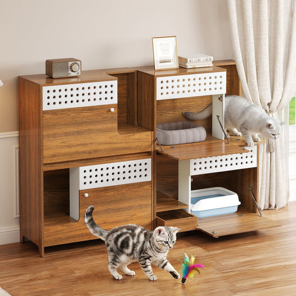 English Elm 2-piece Modern Cat Litter Box Enclosure Side Table Set with Hidden Storage N752S004342D