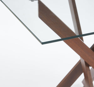 English Elm Dining Modern Glass Top Table with Cross Metal Legs for Space-Saving Living Room, Easy-Clean Design Dark Walnut W234P311867