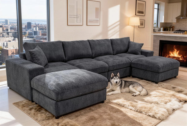 English Elm Sectional with Ottomans Low Profile Modern Minimalist Sofa for Open Living Rooms Blue Gray B2748S00089
