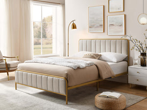 English Elm Ashley Upholstered Queen Bed Frame with Tufted Headboard, Luxurious Ice & Snow Velvet Finish, Durable Construction and Timeless Modern Elegance khaki B343P383333