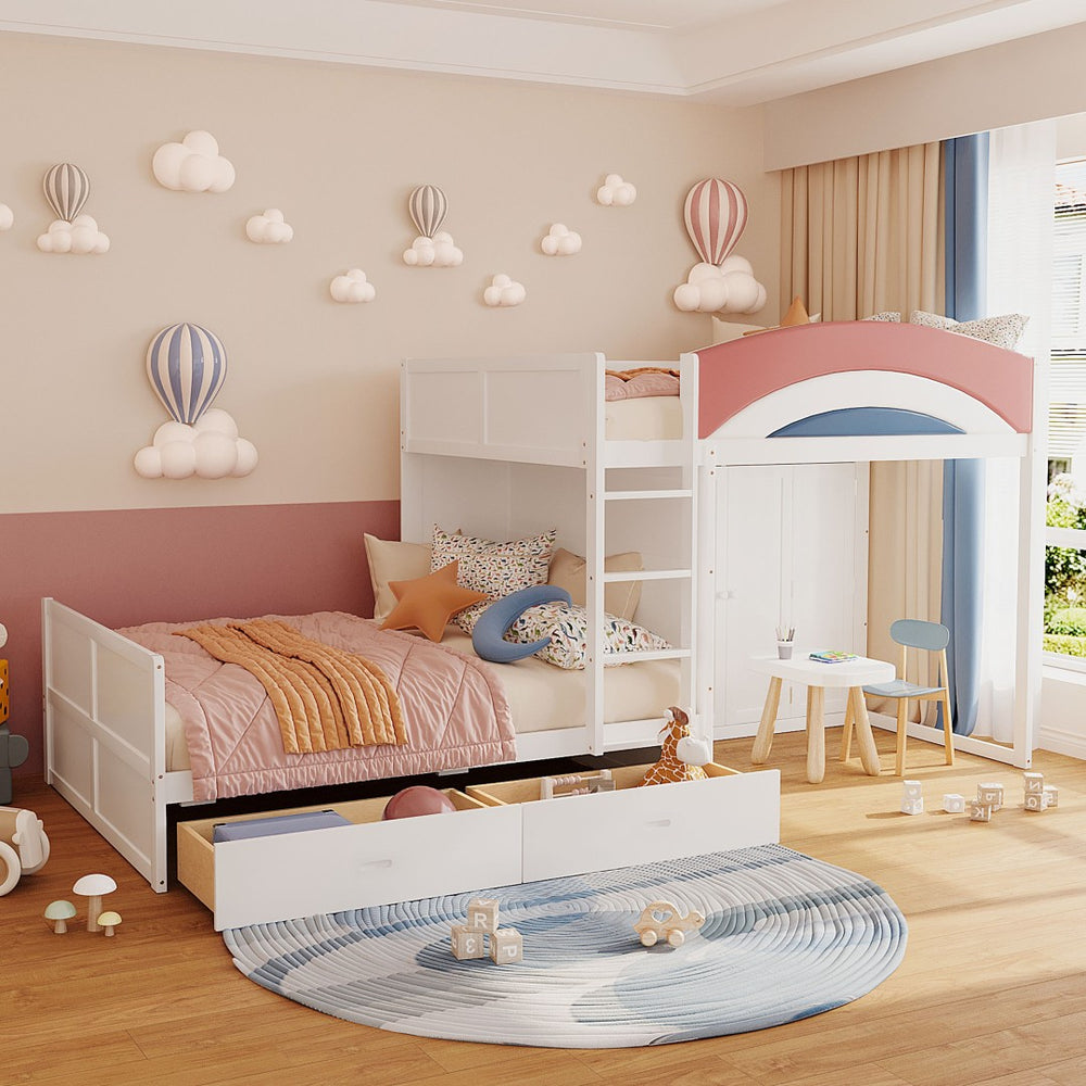 English Elm Full Size Offset Bunk Bed with Wardrobe Hanging Rod Drawers and Upholstered Rail White N820S00081K