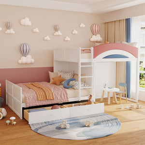 English Elm Full Size Offset Bunk Bed with Wardrobe Hanging Rod Drawers and Upholstered Rail White N820S00081K