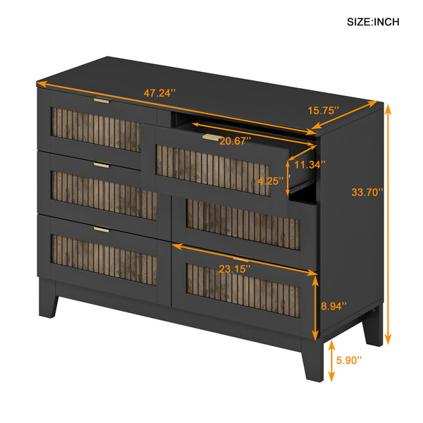 English Elm Rustic Farmhouse Wooden Dresser with 6 Drawers and Metal Handles — Spacious Storage, Stylish Bedroom Accent Black 52.17 L x 18.5 W x 11.81 H WF530908AAB