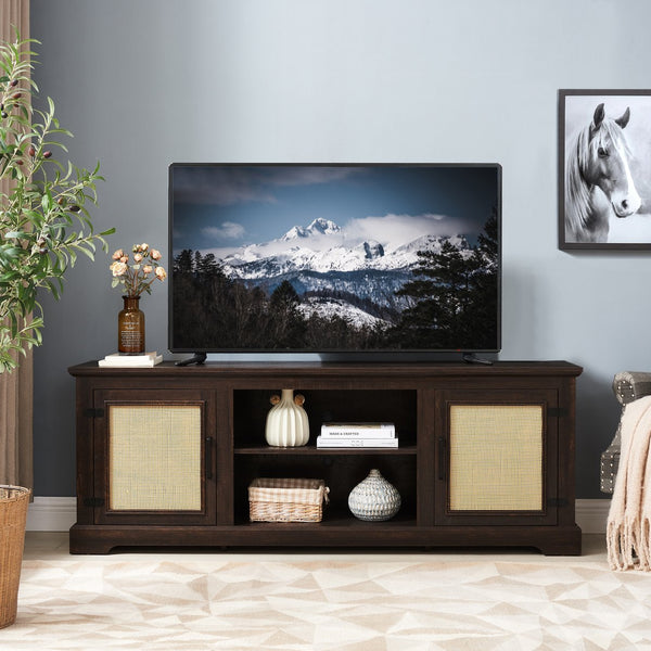 English Elm Farmhouse Rattan TV Stand Console Table with Ample Storage, Cable Management & Adjustable Shelves for 70" TVs Espresso W1758P178931