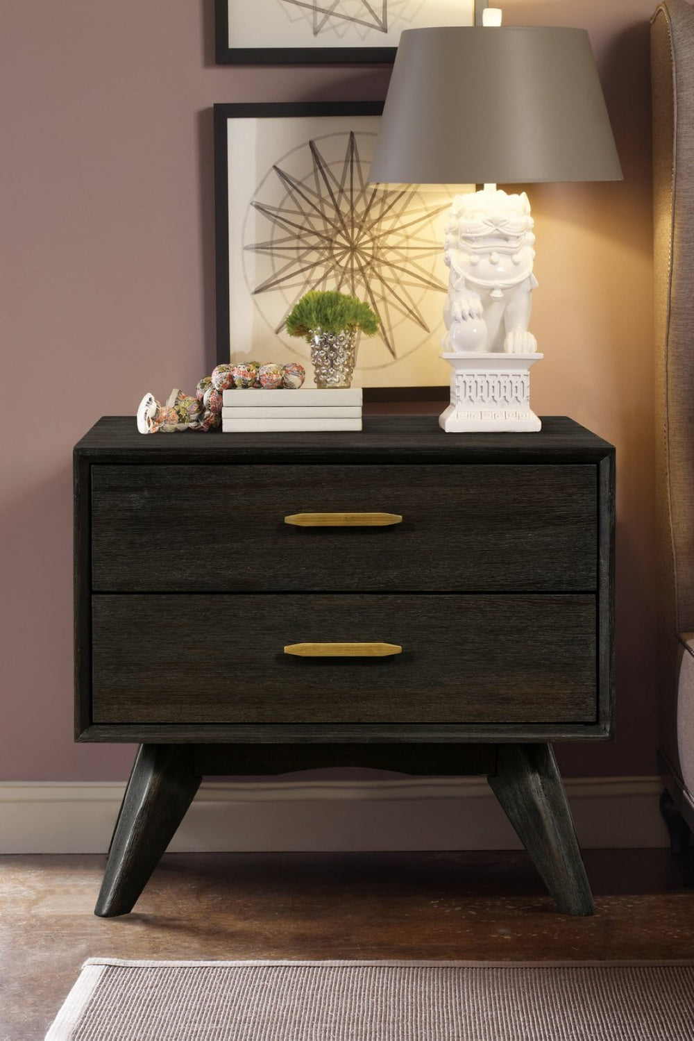 English Elm Baly Solid Acacia Wood Two Drawer Nightstand Mid-century Tapered Legs Bedroom B2736P464875