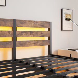 English Elm Queen Metal Bed Frame with Wooden Headboard, Built-In USB Charging, RGB App Lights, Storage Shelf, 10.6" Clearance, Noise-Free, Rustic Finish Beige+Brown W840P209904
