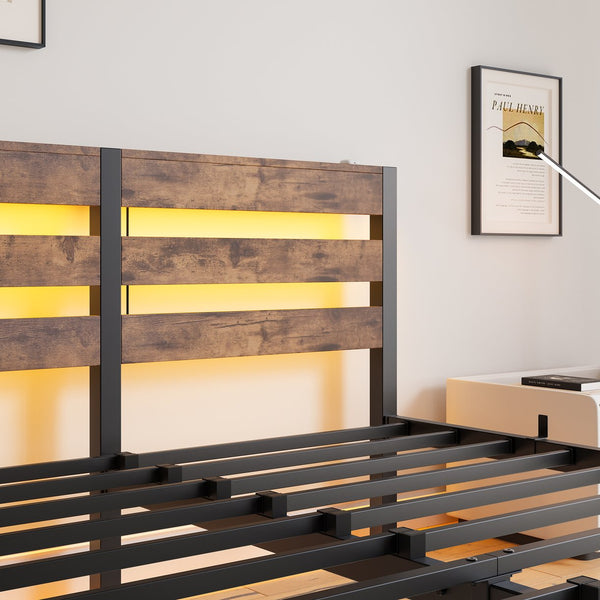 English Elm Queen Metal Bed Frame with Wooden Headboard, Built-In USB Charging, RGB App Lights, Storage Shelf, 10.6" Clearance, Noise-Free, Rustic Finish Beige+Brown W840P209904