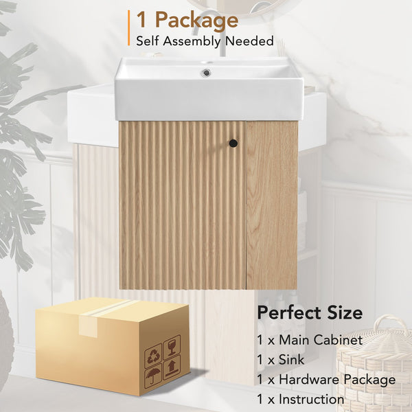English Elm 21.6 inch Modern Floating Bathroom Vanity with Ceramic Basin, Wave Door, Rose Gold Handle Wood N729P170388D