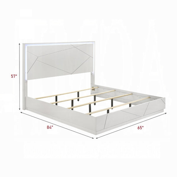 English Elm Ultra Modern white and silver high gloss Queen Bed with LED Headboard and Embossed Line Design Glossy White 68 L x 34 W x 7 H B2741S00746