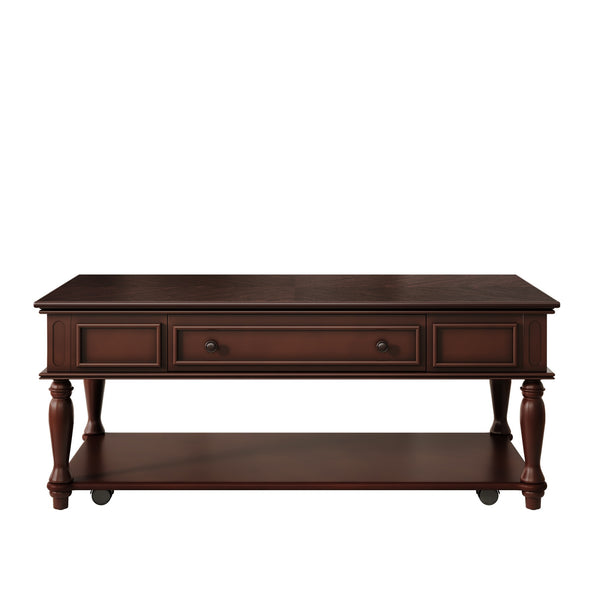 English Elm Farmhouse Retro Coffee Table with Lockable Wheels, One Drawer & Lower Shelf, Solid Wood Legs, Durable Finish Espresso N721P307935P