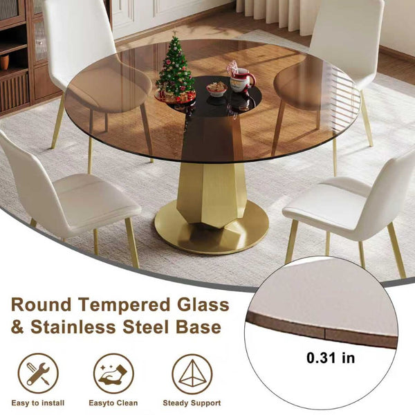 English Elm 53 Inch Round Smoked Glass Dining Table with Gold Steel Base Seats Eight W2700S00095