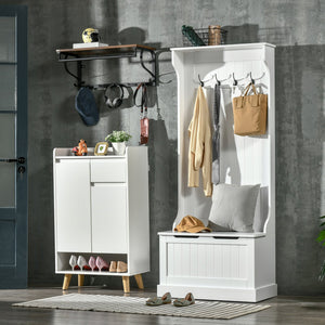 English Elm HOMCOM Mudroom Hall Tree with Bench, 4 Double Hooks, Shoe Storage & Anti-Tip Design, White W2225P173984