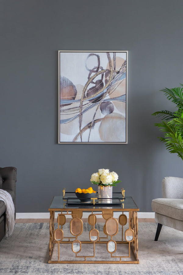 English Elm 35.4x47.2x1.5" Hand-Stretched Abstract Watercolor-Oil Painting on Silver Frame, River Rocks Accent Art—Neutral Blues & Browns for Modern Interiors W2078P313346