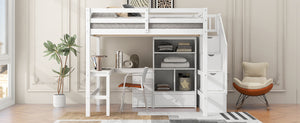 English Elm Full Full Size Loft Bed with L-Shaped Desk, Drawers, Cabinet and Staircase Storage for Space-Saving Rooms White GX000469AAK