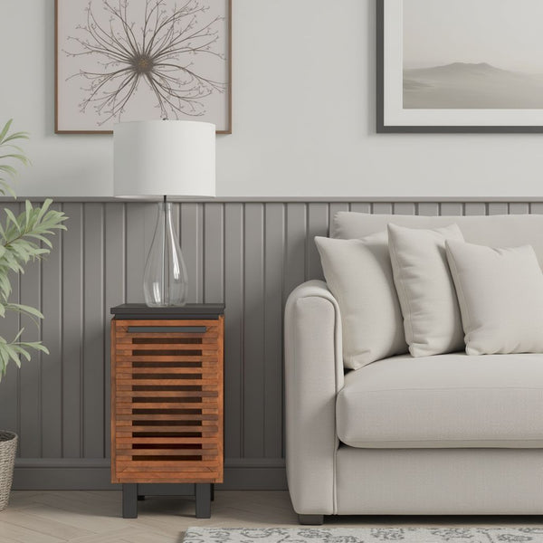 English Elm 13" Modern Chairside Table Black & Bourbon Finish — Scandinavian Poplar/Okume, Slatted Door, Ready-to-Use B108131542