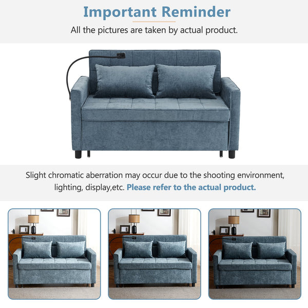 English Elm 56.9" Loveseat Sofa Bed with Chenille Upholstery, USB Ports, Phone Holder, Side Pockets, Reclining Backrest Blue N719P208853R