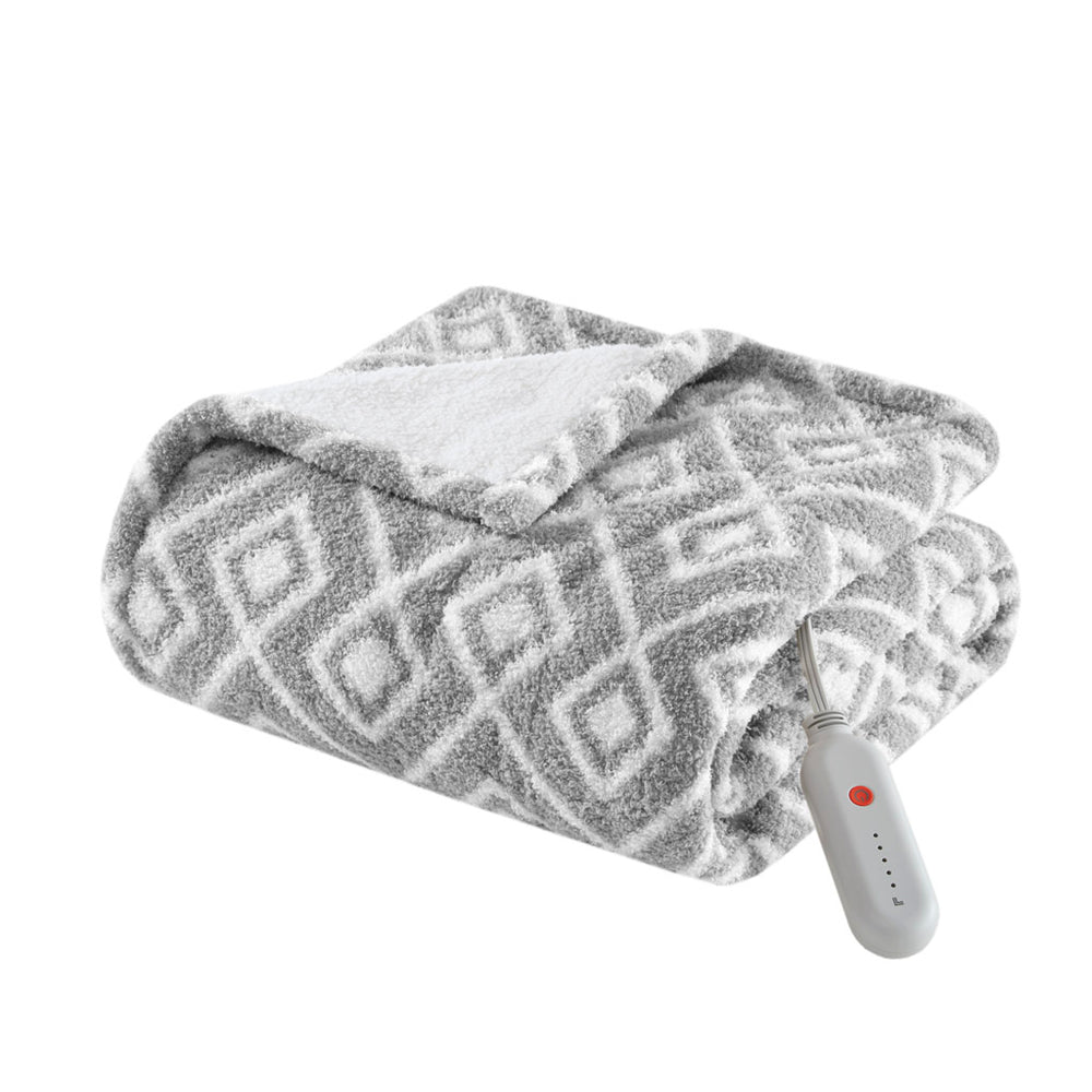 JLA Home Sharper Image - Dream Heated Throw Blanket with Sherpa Reverse, 5 Heat Settings, 3-Hour Auto Shutoff, ETL-Certified Grey Geo SI54-0069