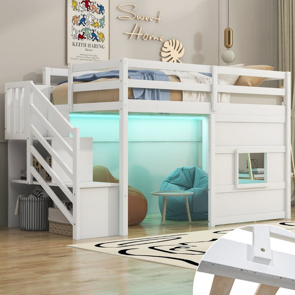 English Elm Twin Loft Bed Pinewood Frame with Storage Staircase Led Lighting and Window Cutout White GX000436AAK