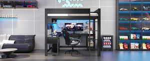 English Elm Wood Full Size Gaming Loft Bed With Integrated Desk, Charging Station & Led Lights - Black Finish N7090004022B-GIGA