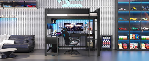 English Elm Wood Full Size Gaming Loft Bed With Integrated Desk, Charging Station & Led Lights - Black Finish N7090004022B-GIGA