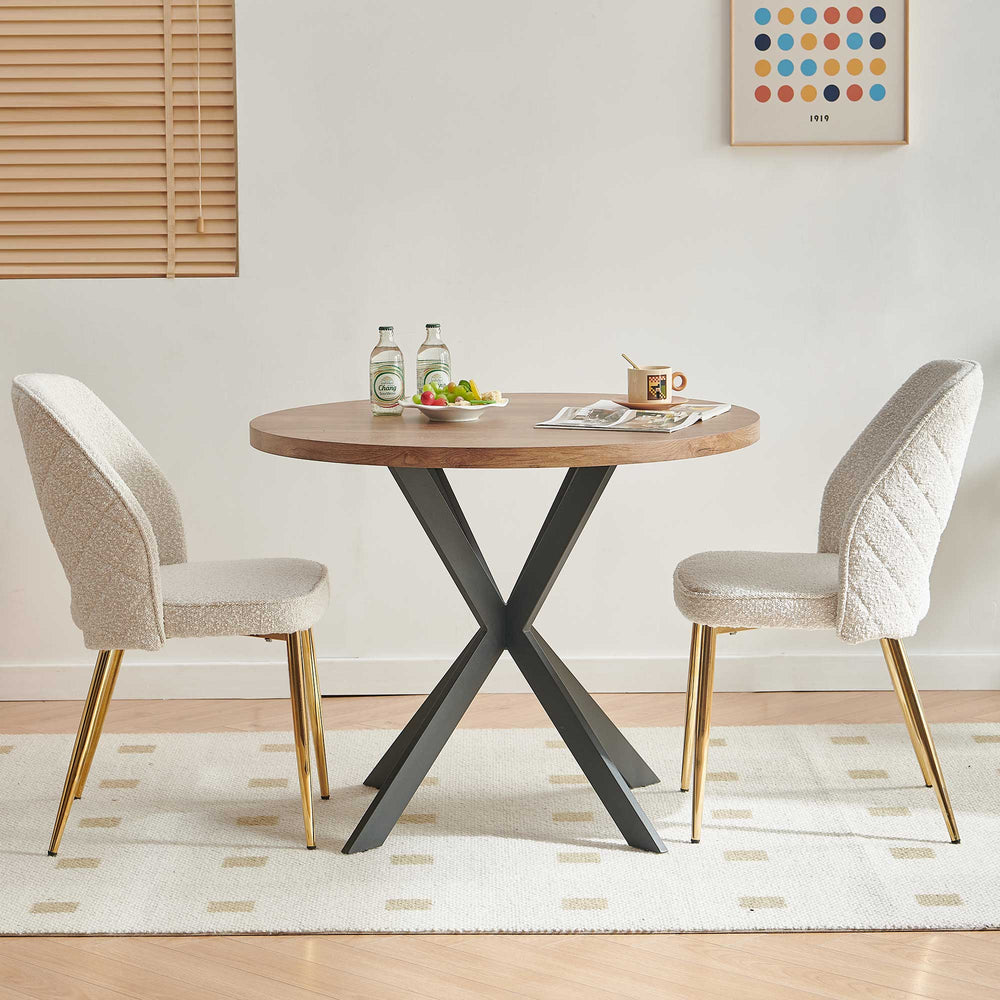 English Elm Off Boucle Cut-Out Dining Chairs with Gold Metal Legs, Ergonomic Sponge Cushion Set of 2, Elegant Supportive Design W1164P271251