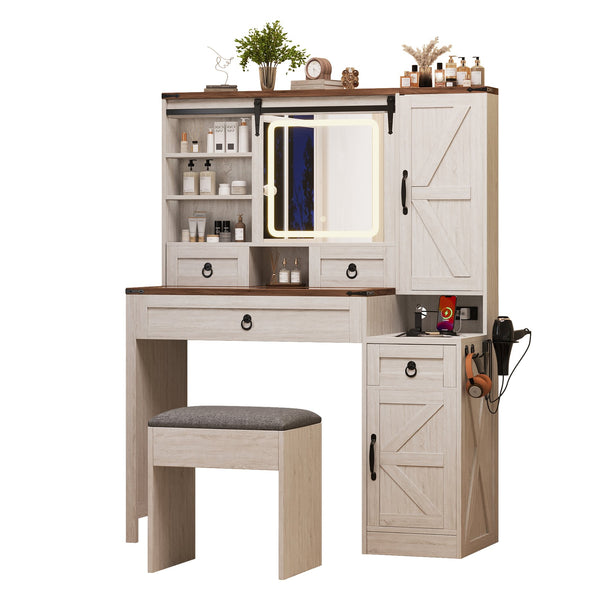 English Elm Farmhouse LED Vanity Desk with Sliding Mirror, Glass Top Storage, Built-In Charging Station & Stool White 37 L x 18.5 W x 13 H N733P340562K
