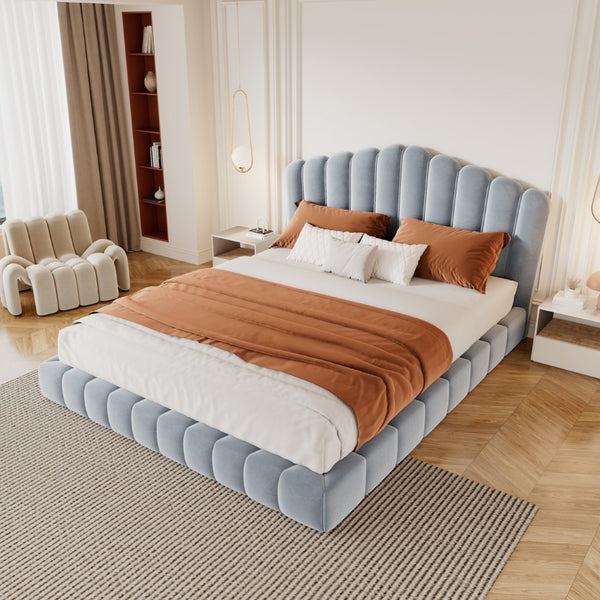 English Elm Velvet Queen Platform Bed Shell Headboard Quilted Frame Low Profile Bedroom BS701P360713C