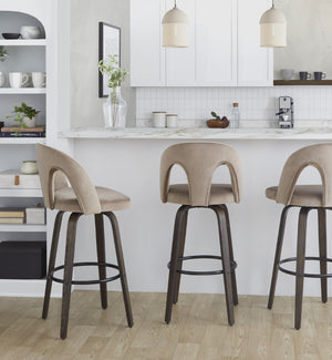 English Elm Fixed-height Swivel Barstools Walnut Bentwood Taupe Velvet Seat Mid-century Set of 2 B202S01887