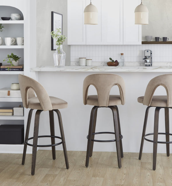 English Elm Fixed-height Swivel Barstools Walnut Bentwood Taupe Velvet Seat Mid-century Set of 2 B202S01887