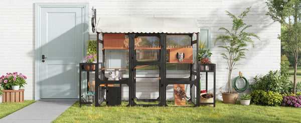 English Elm Large Pine Wood Catio Outdoor Cat Enclosure with Wire Mesh and Dual Plant Stands Black N704G201617B