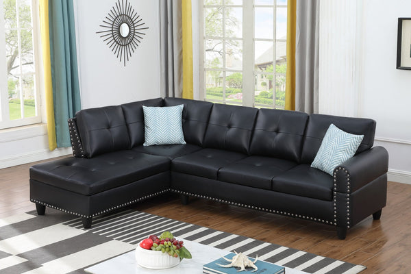 English Elm Black Faux Leather L Shaped Sectional with Cup Holders Nailhead Trim Storage Black B2730S00026