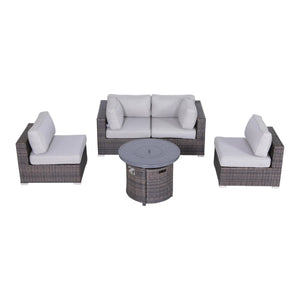 English Elm All-Weather 5-Piece Rattan Sectional Lounge Set With Fire Pit & Plush Cushions For Outdoor Comfort B120S00084