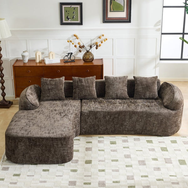 English Elm Beige Chenille L-shaped Sectional Sofa with Chaise Deep Seating and Curved Armrests Brown W3612S00032