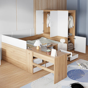 English Elm Full Size Wooden Platform Bed With 6 Drawers, Desk, Shelves & Wardrobe - Stylish Natural Finish N820S00060N