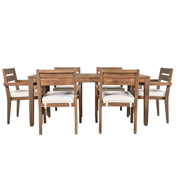 English Elm U_Style Acacia Wood Outdoor Dining Set for Patio and Backyard - 6 Chairs, Beige Cushions, Durable Burly Wood WY000446AAD